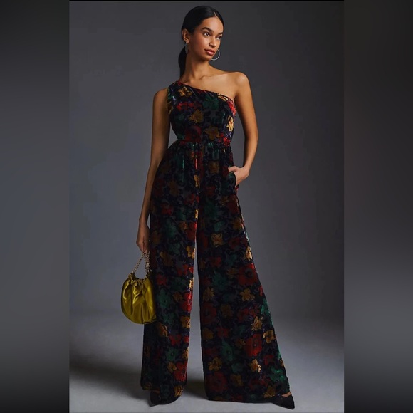 NWT Anthropologie Hutch One-Shoulder Velvet Jumpsuit Size 16W wide leg floral